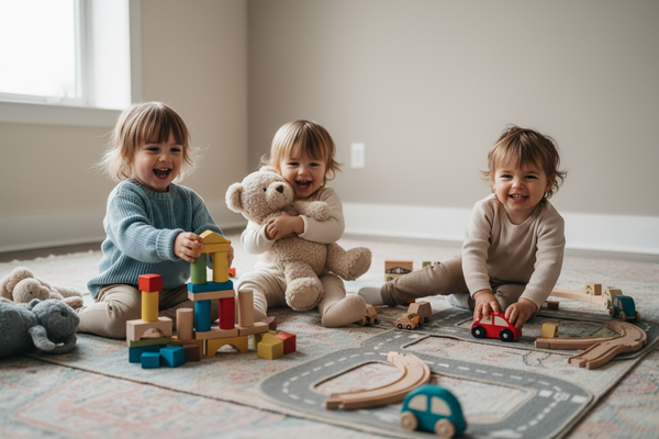 Create photos of kids playing with toys, ensure the background is of muted colors