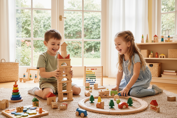 kids playing with wooden toys